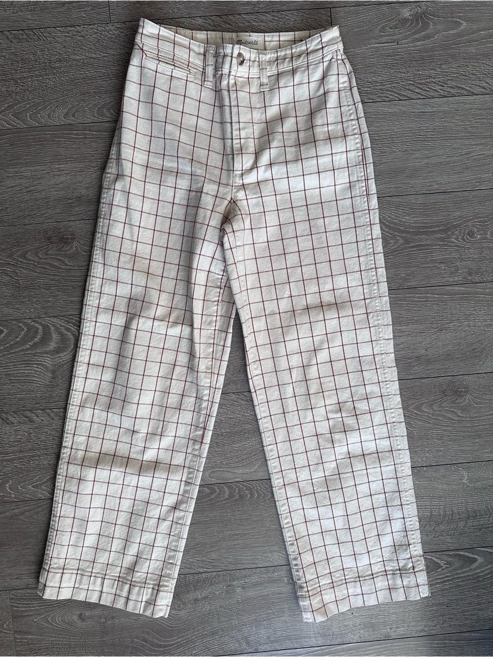 Madewell Slim Emmett Wide Leg Cream Pants with Windowpane Grid